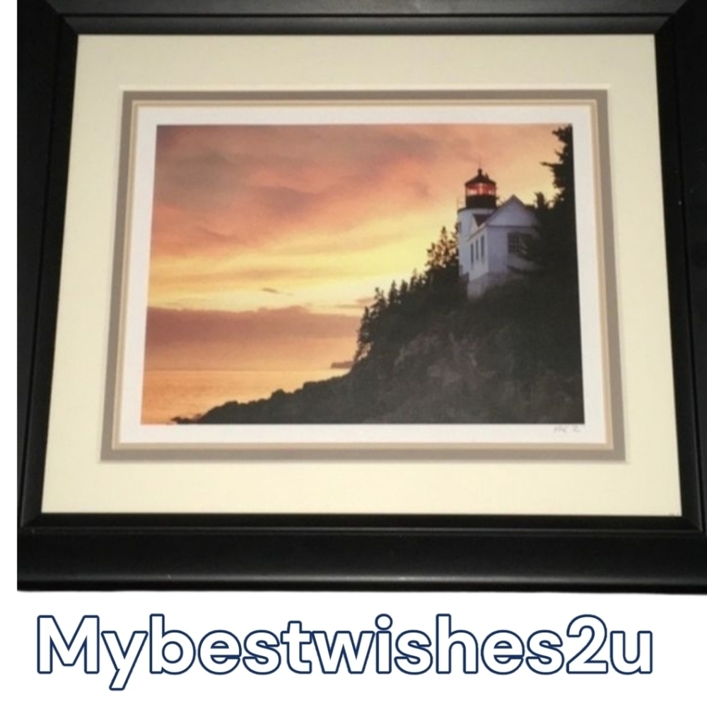 Lighthouse signed / framed, double matted, black frame does have imperfection